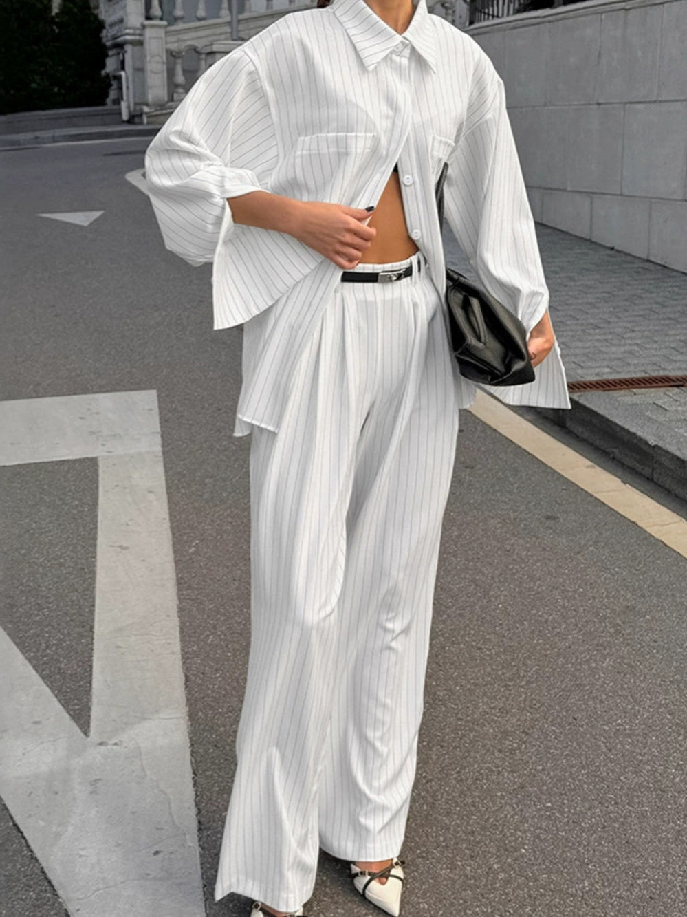 Forever 21 Relaxed Striped Shirt High Waist Wide Leg Pants Set Office